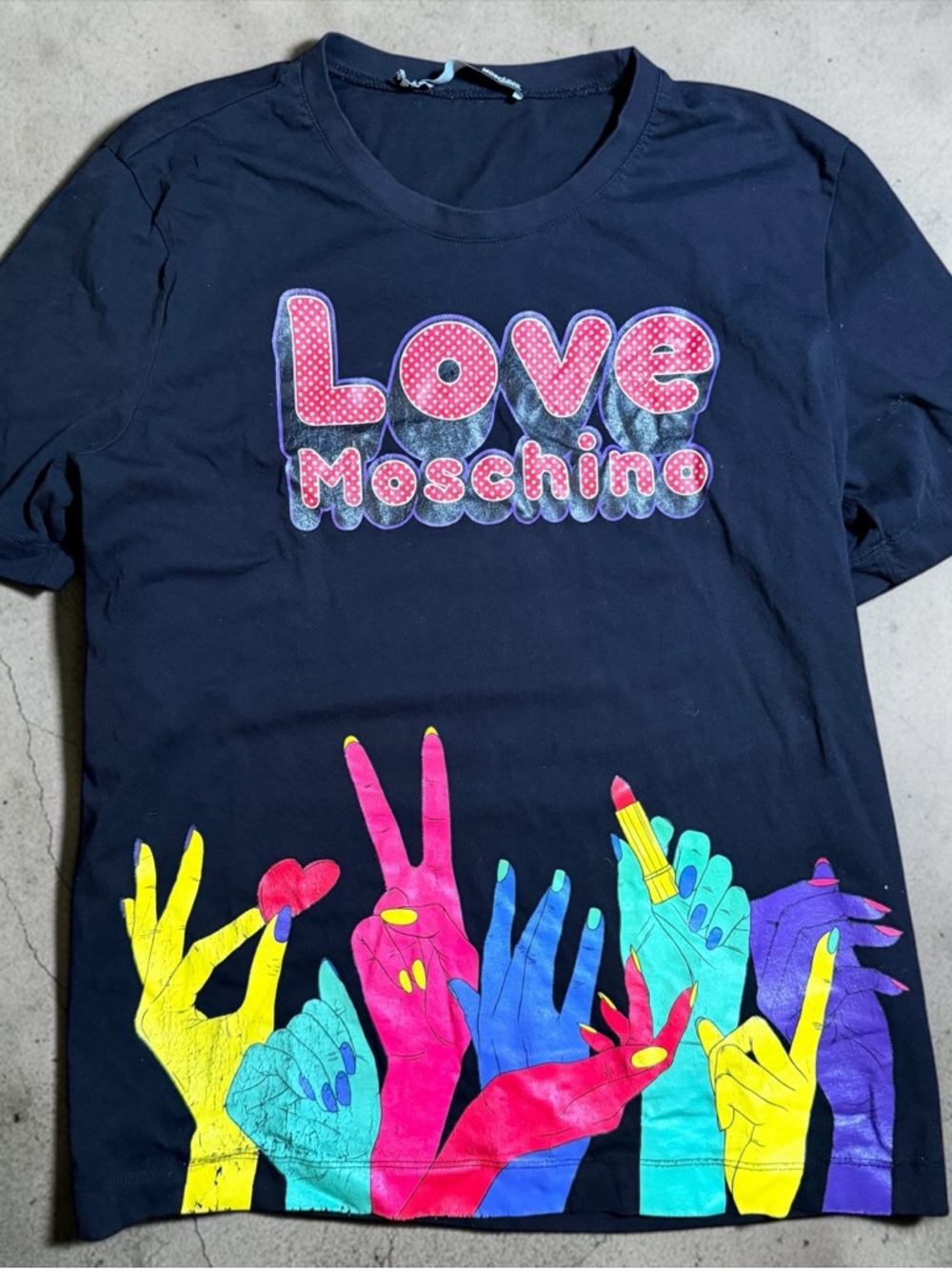 Moschino Black Tee with Pink Logo and Multicolor Hand Graphics